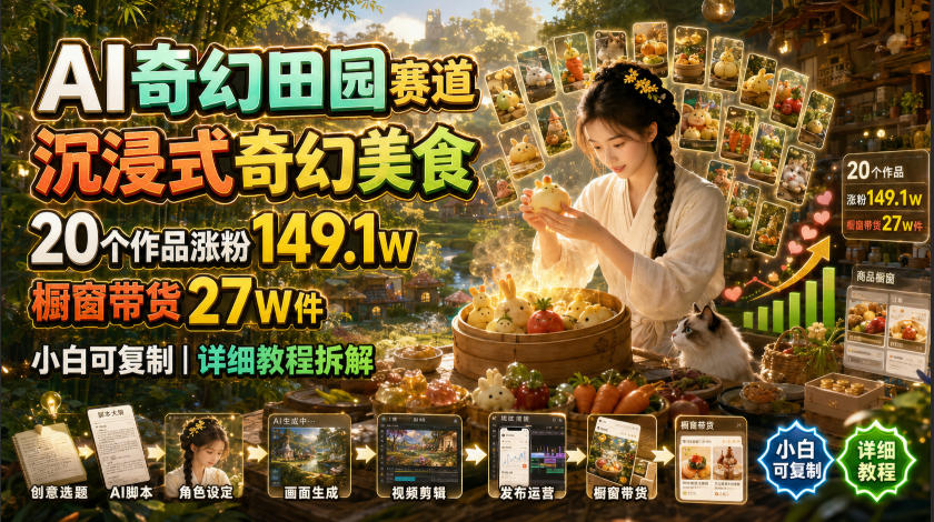 AI奇幻田园赛道，沉浸式奇幻美食，20个作品涨粉149.1W，橱窗带货27W件，小白可复制，详细教程拆解-千寻创业网