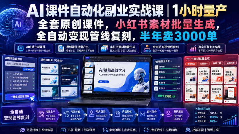 AI课件自动化副业实战课｜1小时量产全套原创课件，小红书素材批量生成，全自动变现管线复刻，半年卖3000单-千寻创业网