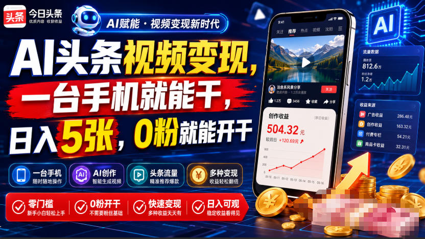 AI头条视频变现,一台手机就能干,日入5张,0粉就能开干-千寻创业网