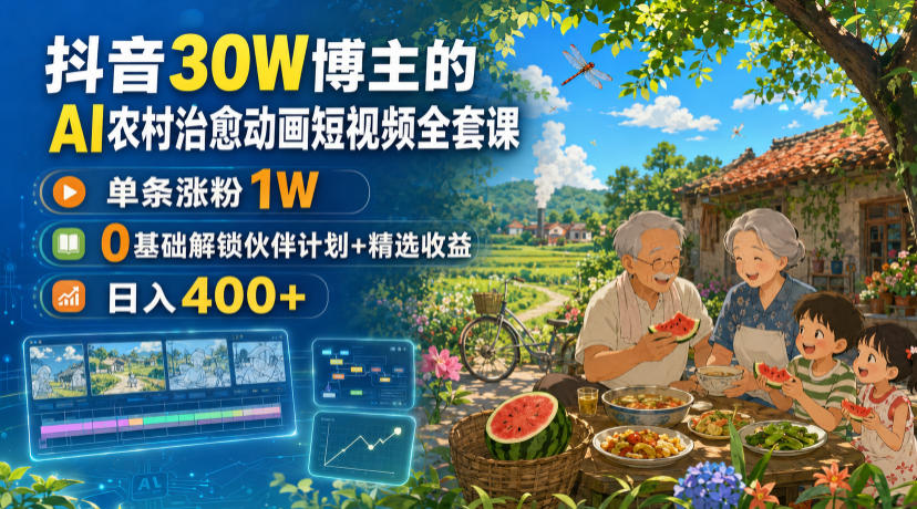 抖音30W博主的AI农村治愈动画短视频全套课｜单条涨粉1W，0基础解锁伙伴计划+精选收益，日入400+-千寻创业网