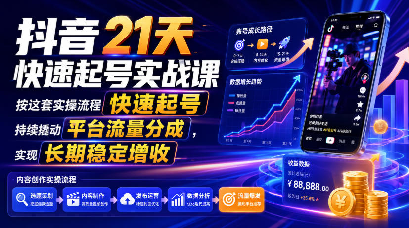 抖音21天快速起号实战课，按这套实操流程快速起号，持续撬动平台流量分成，实现长期稳定增收-千寻创业网