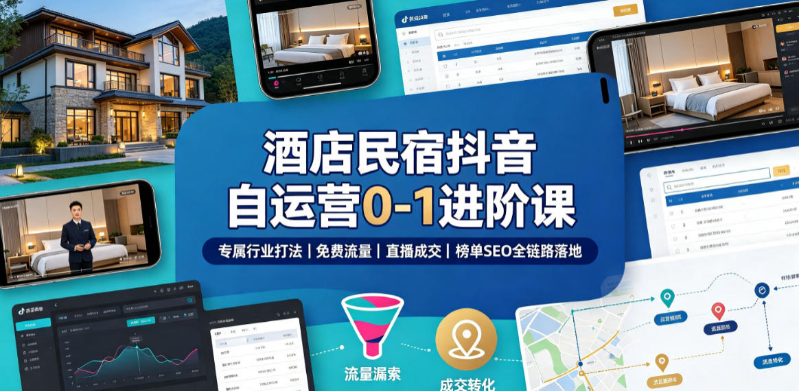 酒店民宿抖音自运营0-1进阶课｜专属行业打法、免费流量+直播成交+榜单SEO全链路落地-千寻创业网
