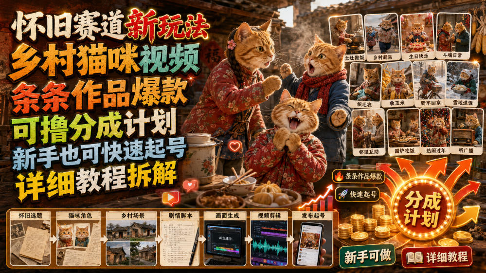 怀旧赛道新玩法，乡村猫咪视频，条条作品爆款，可撸分成计划，新手也可快速起号，详细教程拆解-千寻创业网