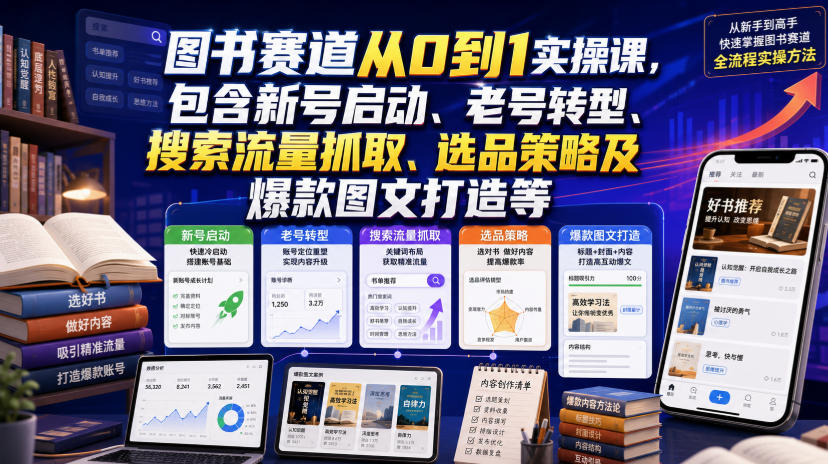 图书赛道从0到1实操课，包含新号启动、老号转型、搜索流量抓取、选品策略及爆款图文打造等-千寻创业网