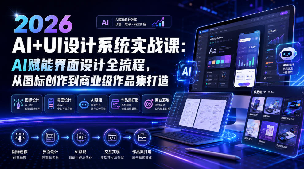 2026 AI+UI设计系统实战课：AI赋能界面设计全流程，从图标创作到商业级作品集打造-千寻创业网