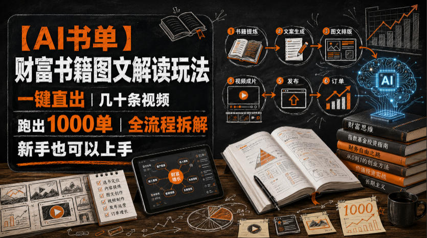 【AI书单】财富书籍图文解读玩法，一键直出，几十条视频，跑出1000单，全流程拆解，新手也可以上手-千寻创业网