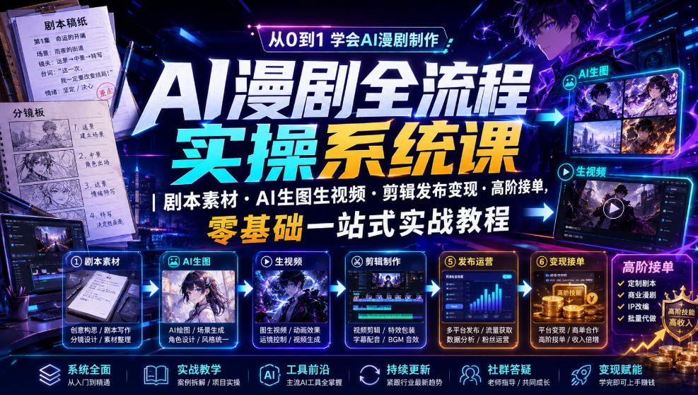 AI漫剧全流程实操系统课｜剧本素材・AI生图生视频・剪辑发布变现・高阶接单，零基础一站式实战教程-千寻创业网