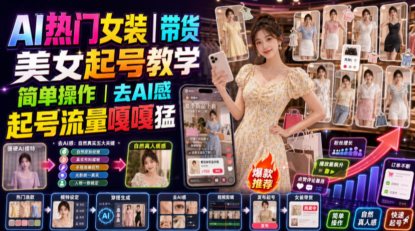 AI热门女装带货丨美女起号教学，简单操作，去AI感，起号流量嘎嘎猛-千寻创业网