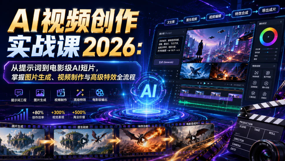 AI视频创作实战课2026：从提示词到电影级AI短片，掌握图片生成、视频制作与高级特效全流程-千寻创业网