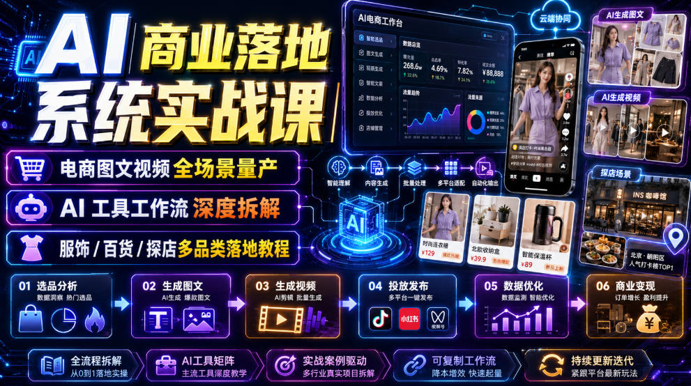 AI商业落地系统实战课｜电商图文视频全场景量产・AI工具工作流深度拆解・服饰/百货/探店多品类落地教程-千寻创业网