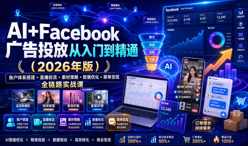 AI+Facebook广告投放从入门到精通（2026年版）｜账户体系搭建・直播投流・素材策略・数据优化・聊单变现全链路实战课-千寻创业网