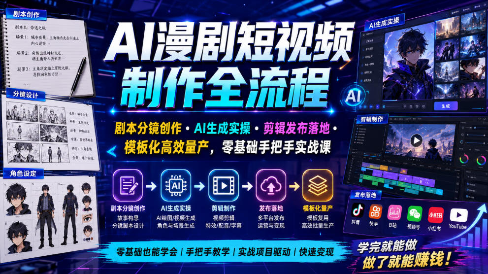 AI漫剧短视频制作全流程｜剧本分镜创作・AI生成实操・剪辑发布落地・模板化高效量产，零基础手把手实战课-千寻创业网