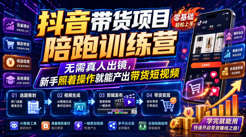 抖音带货项目陪跑训练营，无需真人出镜，新手照着操作就能产出带货短视频-千寻创业网