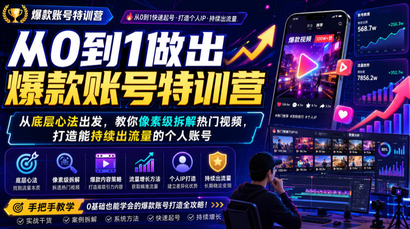 从0到1做出爆款账号特训营，从底层心法出发，教你像素级拆解热门视频，打造能持续出流量的个人账号-千寻创业网