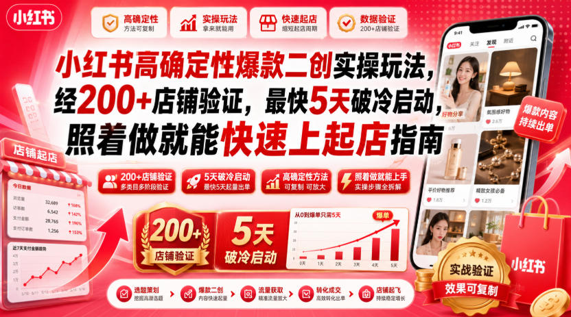 小红书高确定性爆款二创实操玩法，经200+店铺验证，最快5天破冷启动，照着做就能快速上起店指南-千寻创业网