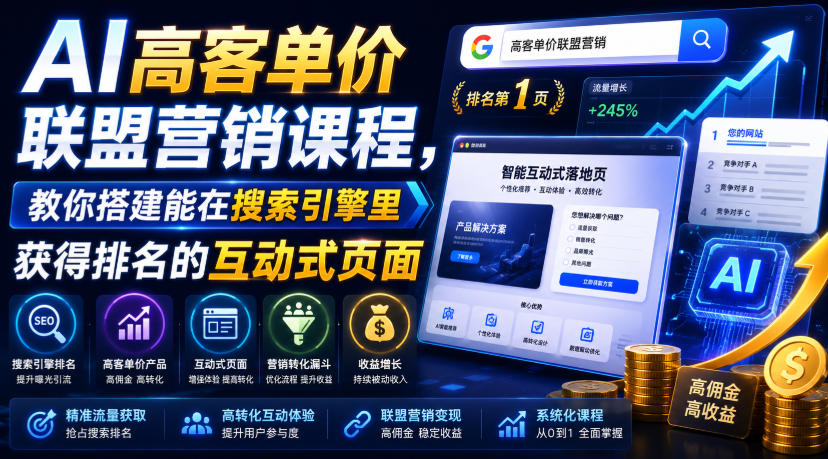AI高客单价联盟营销课程，教你搭建能在搜索引擎里获得排名的互动式页面，引来流量，把访客转化为高佣金的成交【原创双语字幕】-千寻创业网