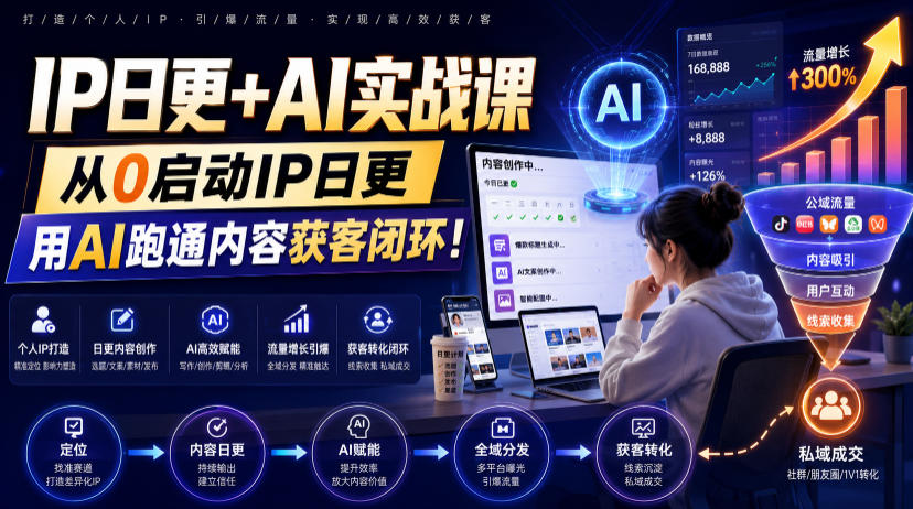 IP日更+AI实战课，从0启动IP日更，IP置顶视频制作+100条选题库搭建+10条日更规划，用AI跑通内容获客闭环!-千寻创业网