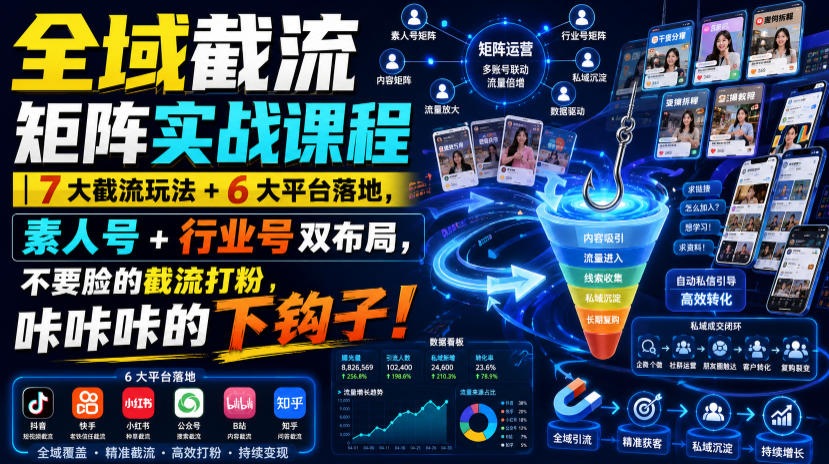 全域截流矩阵实战课程｜7大截流玩法+6大平台落地，素人号+行业号双布局，不要脸的截流打粉，咔咔咔的下钩子！-千寻创业网