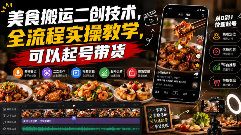 美食搬运二创技术，全流程实操教学，可以起号带货-千寻创业网