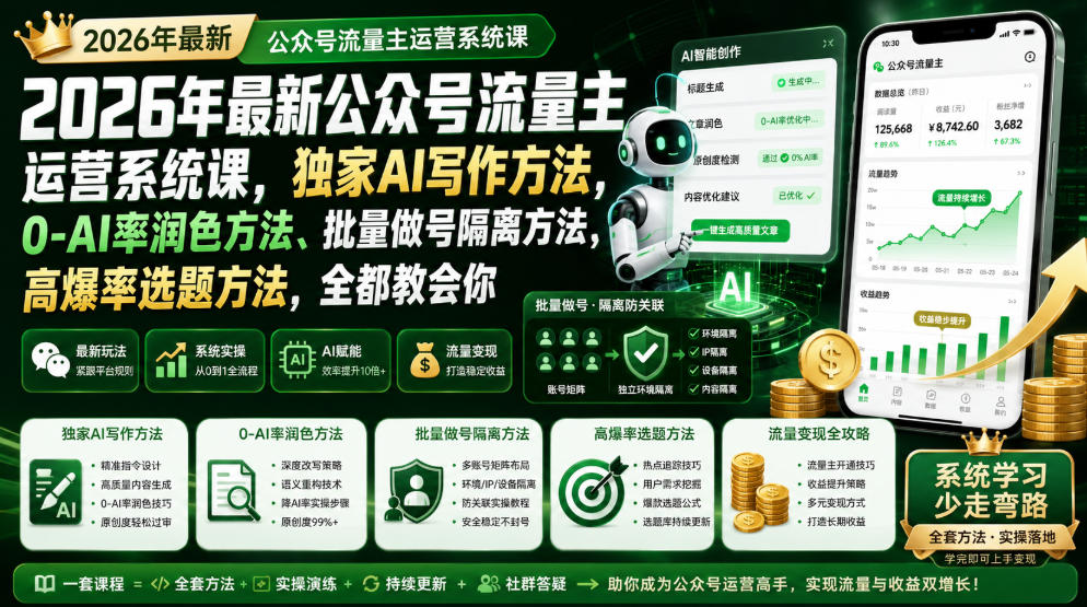 2026年最新公众号流量主运营系统课，独家AI写作方法，0-AI率润色方法、批量做号隔离方法、高爆率选题方法，全都教会你-千寻创业网
