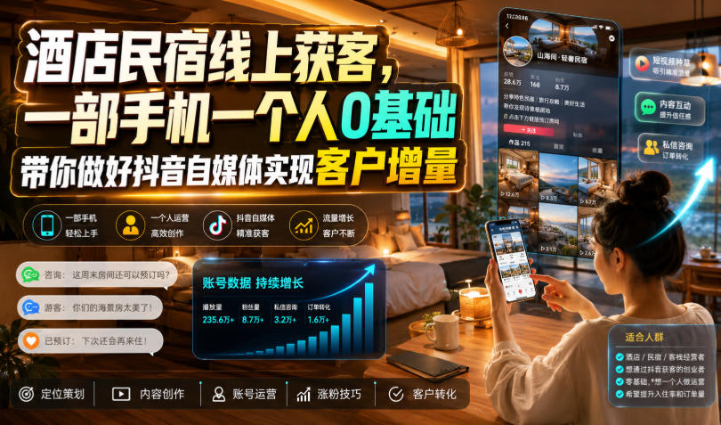 酒店民宿线上获客，一部手机一个人0基础带你做好抖音自媒体实现客户增量-千寻创业网