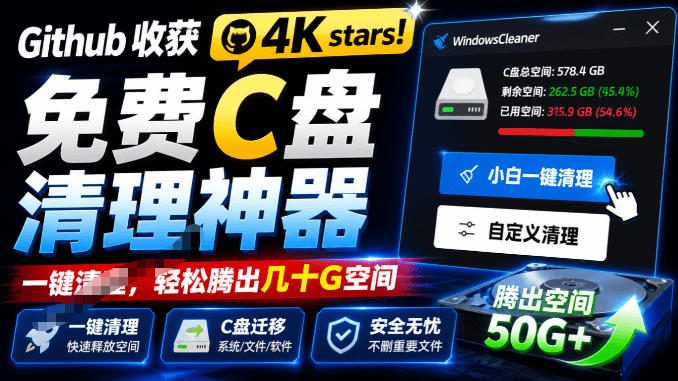 Github收获4K stars！免费C盘清理神器，轻松腾出几十G空间，支持C盘迁移Windows Cleaner-千寻创业网