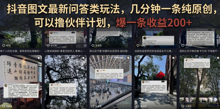 抖音图文最新问答类玩法,几分钟一条纯原创,可以撸伙伴计划,爆一条收益200+-千寻创业网