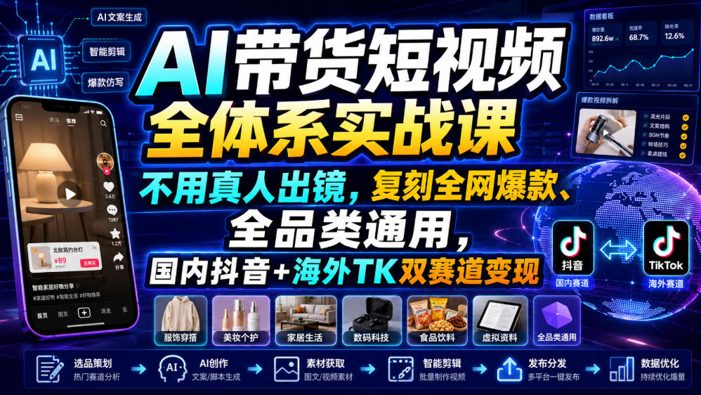AI带货短视频全体系实战课，不用真人出镜，复刻全网爆款、全品类通用，国内抖音+海外TK双赛道变现-千寻创业网
