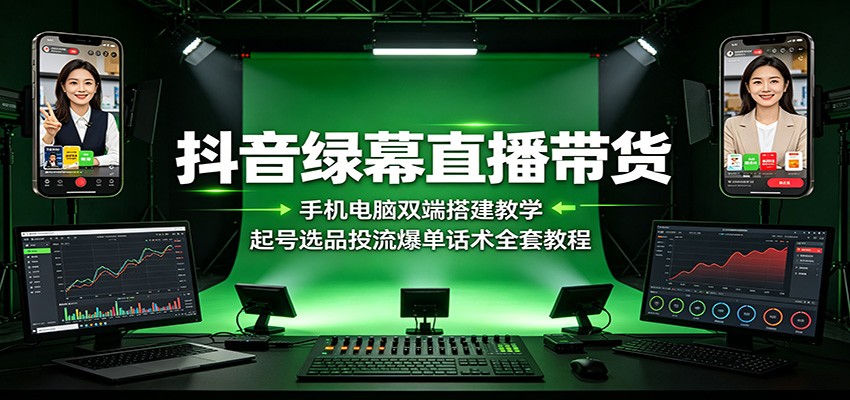 抖音绿幕直播带货:手机电脑双端搭建教学,起号选品投流爆单话术全套教程-千寻创业网