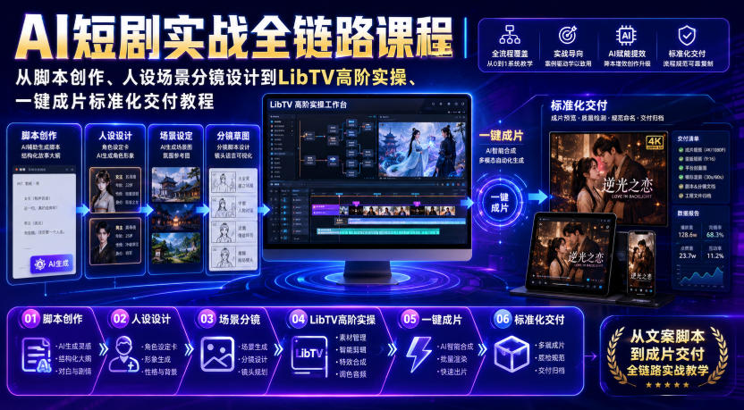 AI短剧实战全链路课程｜从脚本创作、人设场景分镜设计到LibTV高阶实操、一键成片标准化交付教程-千寻创业网