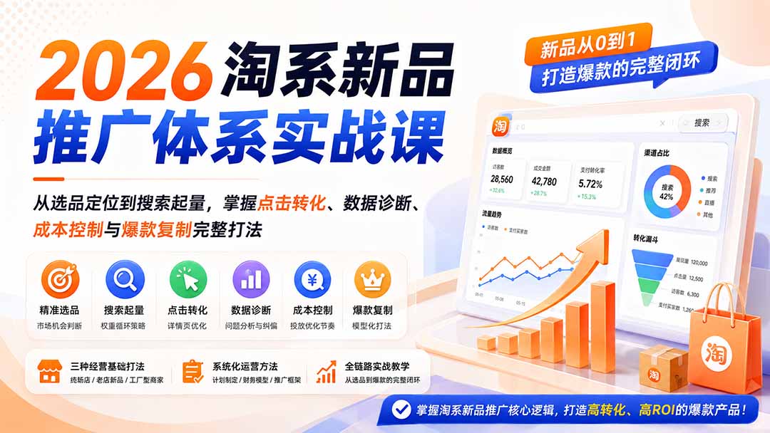 （19908期）2026淘系新品推广体系实战课：从选品定位到搜索起量，掌握点击转化、数据诊断、成本控制与爆款复制完整打法-千寻创业网