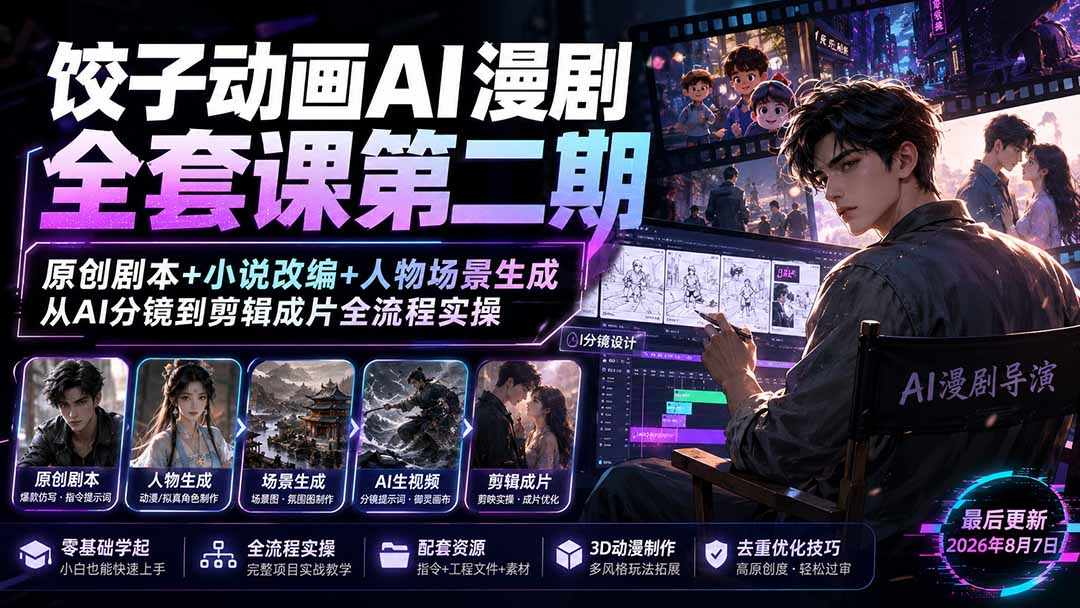 （19910期）饺子动画AI漫剧全套课第二期：原创剧本+小说改编+人物场景生成，从AI分镜到剪辑成片全流程实操-千寻创业网