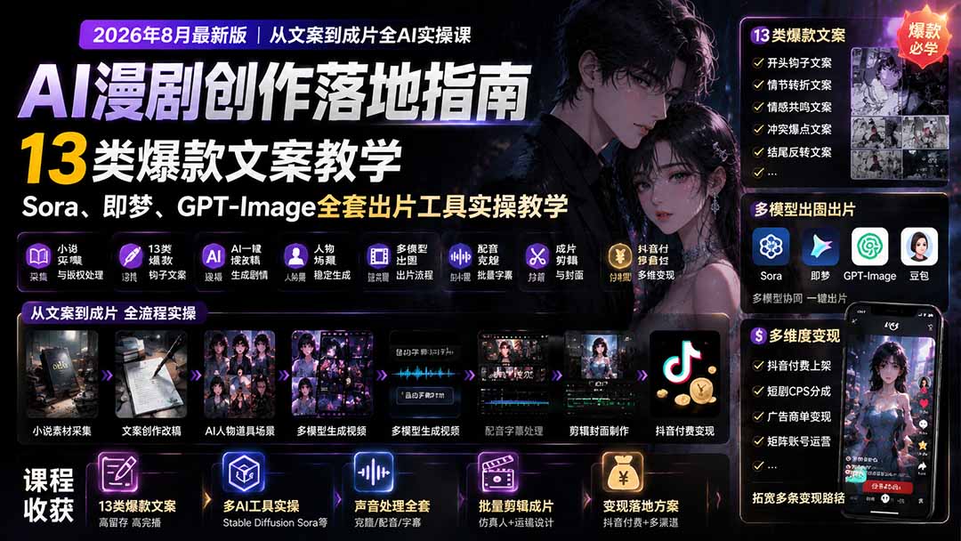 （19691期）AI漫剧创作落地指南｜13类爆款文案教学，Sora、即梦、GPT-Image全套出片工具实操教学-千寻创业网