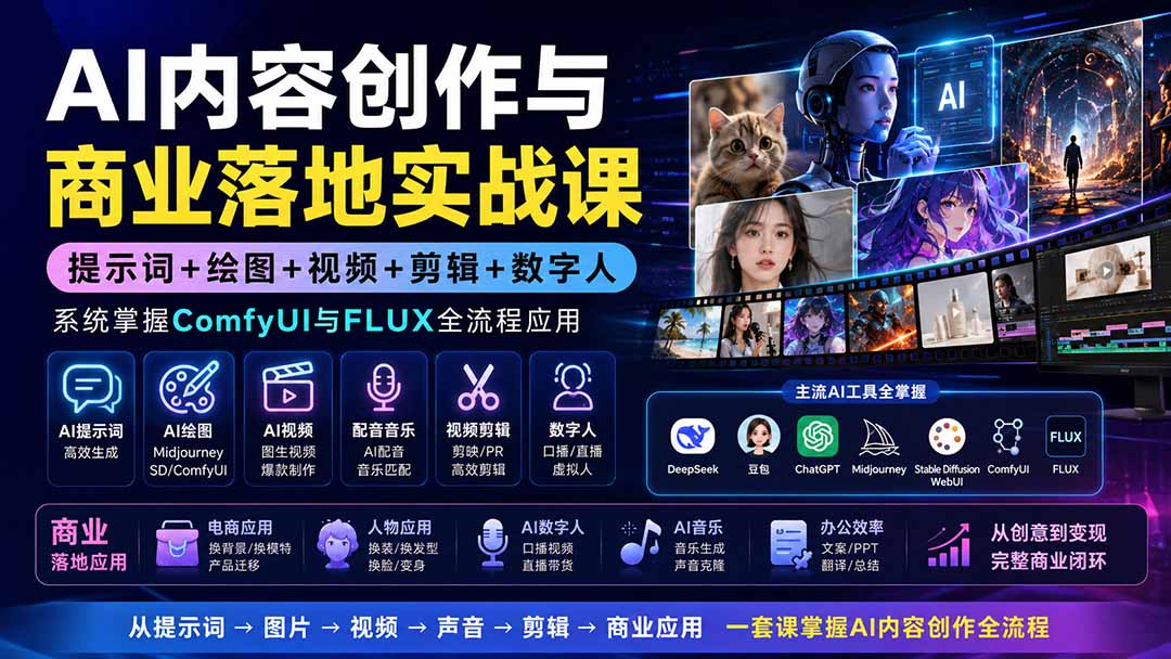 （19913期）AI内容创作与商业落地实战课：提示词+绘图+视频+剪辑+数字人，系统掌握ComfyUI与FLUX全流程应用-千寻创业网
