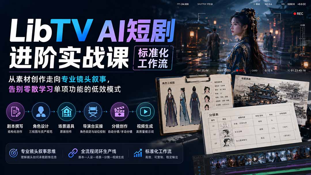 （19836期）LibTV AI短剧进阶实操课标准化工作流；从素材创作走向专业镜头叙事，告别零散学习单项功能的低效模式-千寻创业网