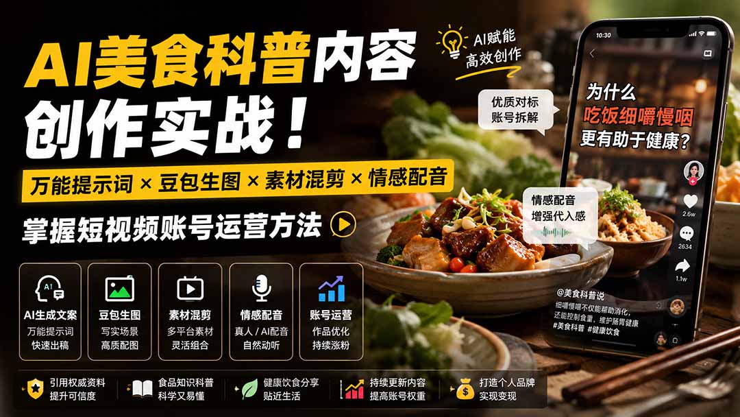 （19730期）外面卖199元-AI美食科普内容创作实战！万能提示词×豆包生图×素材混剪×情感配音，掌握短视频账号运营方法-千寻创业网