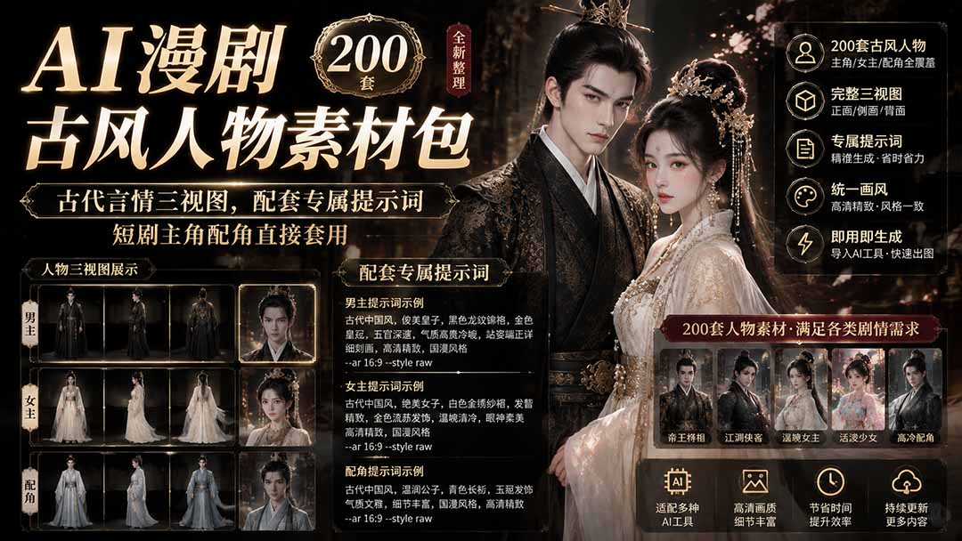 （19693期）AI漫剧古风人物素材包+提示词｜200 套古代言情三视图，配套专属提示词短剧主角配角直接套用-千寻创业网
