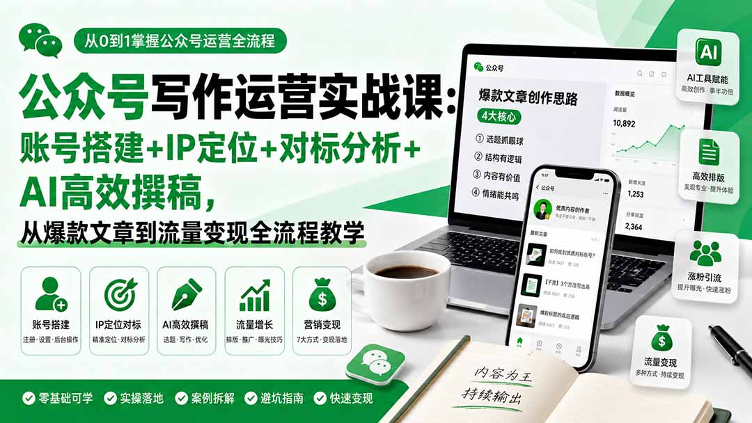 （19914期）公众号写作运营实战课：账号搭建+IP定位+对标分析+AI高效撰稿，从爆款文章到流量变现全流程教学-千寻创业网