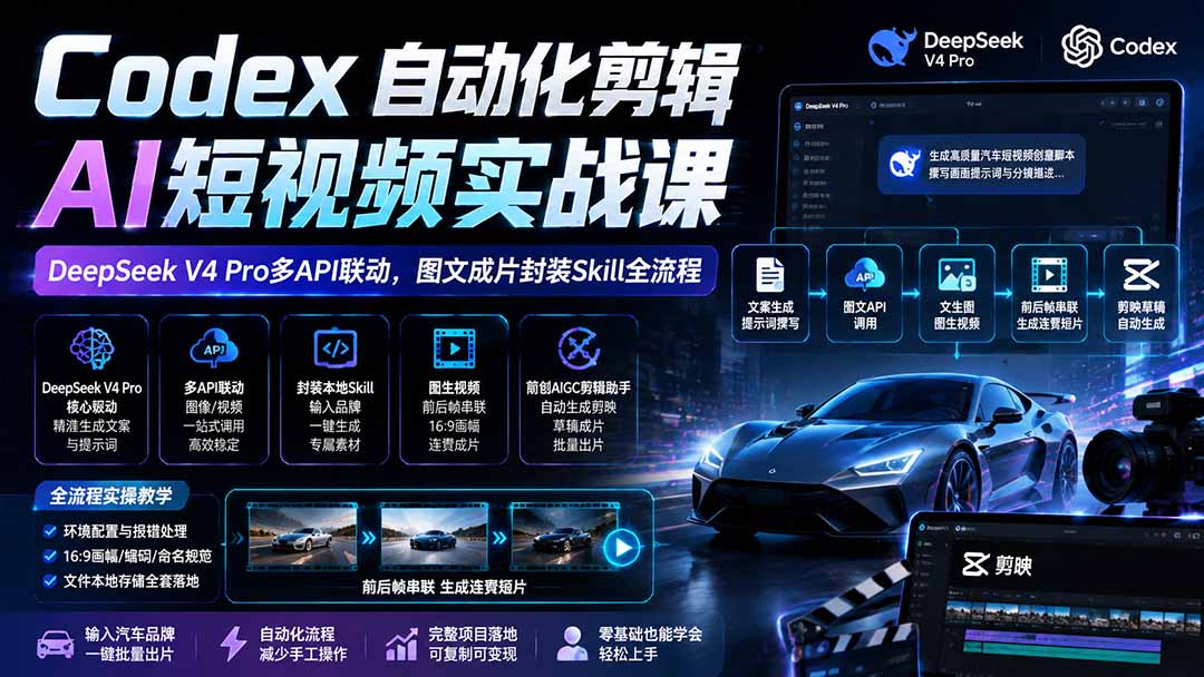 （19711期）Codex自动化剪辑AI短视频实战课｜DeepSeek V4 Pro多API联动，图文成片封装Skill全流程-千寻创业网