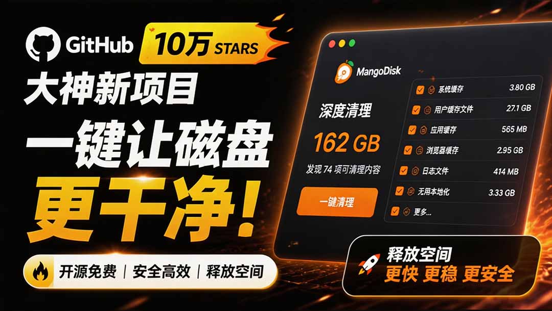 （19894期）在Gtihub上做出10万 stars 的大神，又发布新项目了！一键让磁盘更干净，开源免费清理工具 MangoDisk-千寻创业网