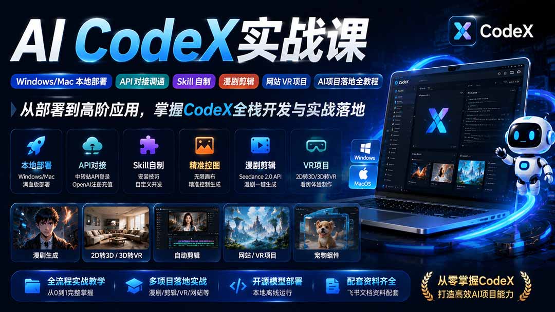 （19769期）AI  CodeX实战课｜Windows/Mac 本地部署｜API 对接调通｜Skill 自制｜漫剧剪辑｜网站 VR 项目｜AI项目落地全教程-千寻创业网