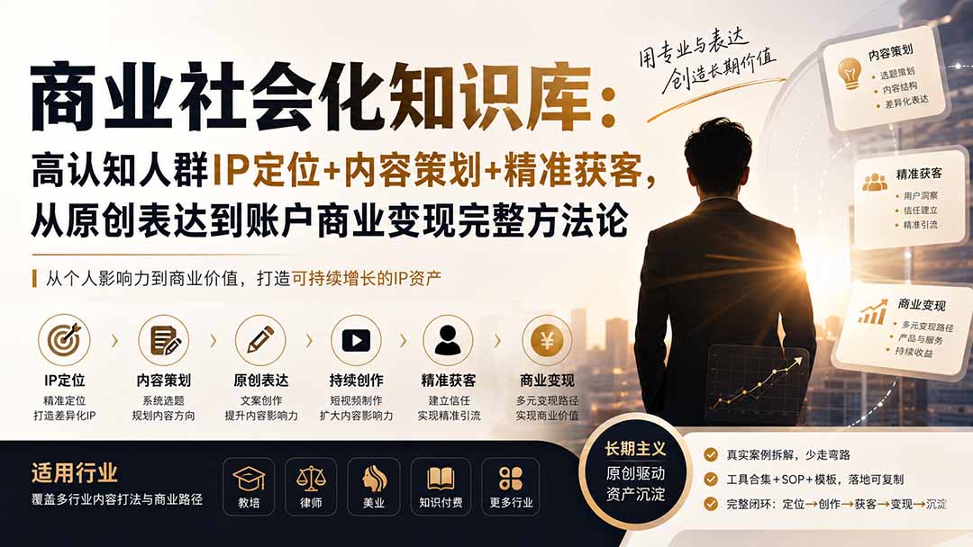 （19733期）商业社会化知识库：高认知人群IP定位+内容策划+精准获客，从原创表达到账户商业变现完整方法论-千寻创业网