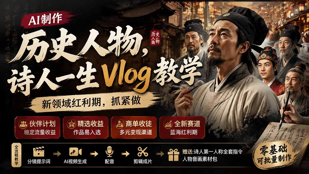 （19758期）历史人物，诗人一生Vlog教学， AI制作丨伙伴计划丨精选收益丨商单收徒 ，新领域红利期，抓紧做-千寻创业网