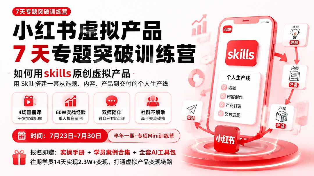 （19817期）小红书虚拟产品7天专题突破训练营，如何用skills原创虚拟产品，用Skil搭建一套从选题、内容、产品到交付的个人生产线-千寻创业网