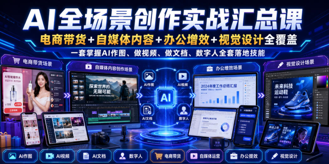 AI全场景创作实战汇总课｜电商带货+自媒体内容+办公增效+视觉设计全覆盖，一套掌握AI作图、做视频、做文档、数字人全套落地技能-千寻创业网