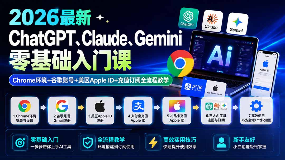 （19923期）2026最新ChatGPT、Claude、Gemini零基础入门课：Chrome环境+谷歌账号+美区Apple ID+充值订阅全流程教学-千寻创业网