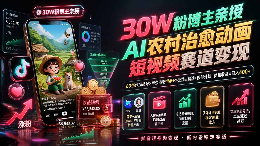 （19648期）30W粉博主亲授AI农村治愈动画短视频赛道变现：60条作品起号×单条涨粉1W+×极易进精选+伙伴计划，稳定收益×日入400+-千寻创业网