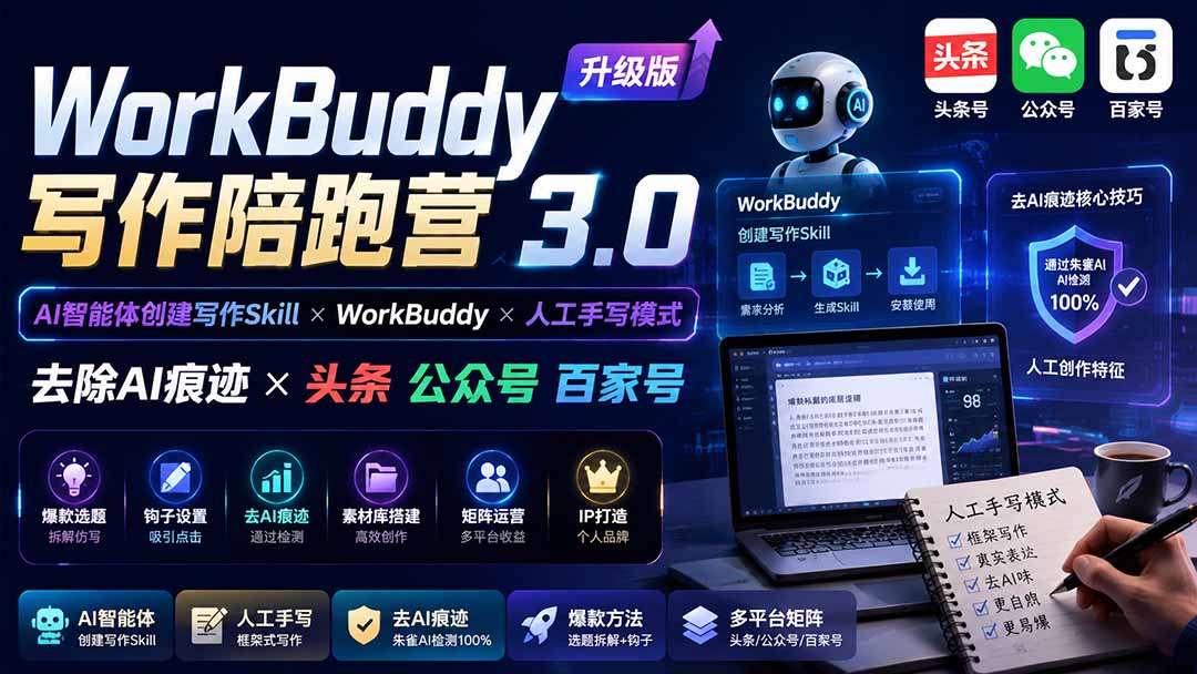 （19720期）WorkBuddy写作陪跑营3.0-更新：Ai智能体创建写作Skill×WorkBuddy×人工手写模式×去除AI痕迹×头条公众号百家号-千寻创业网