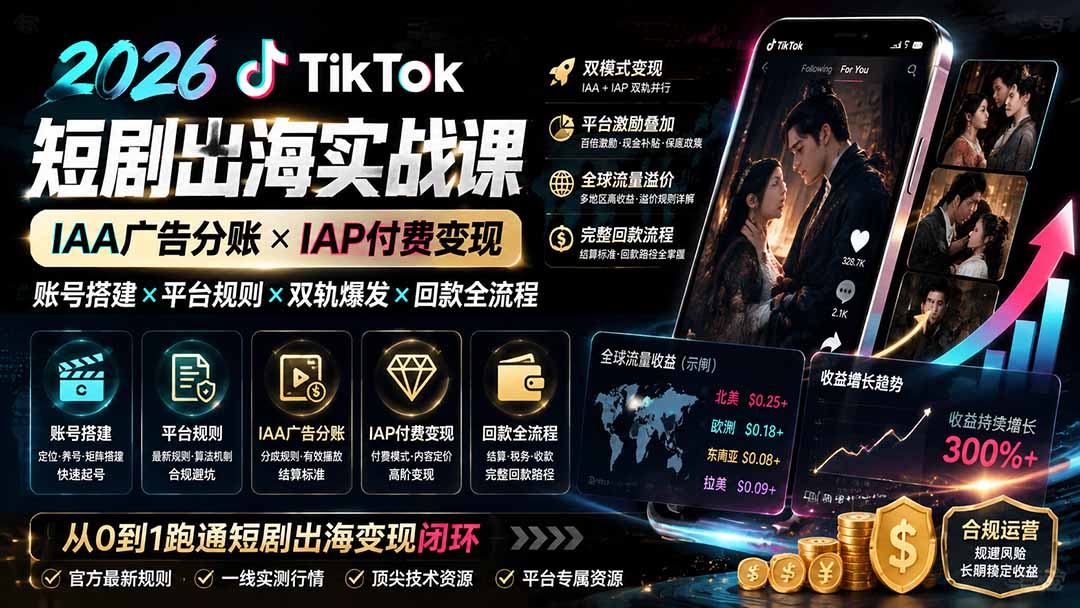 （19740期）2026TikTok短剧出海实战课：IAA广告分账×IAP付费变现×账号搭建×平台规则×双轨爆发×回款全流程-千寻创业网