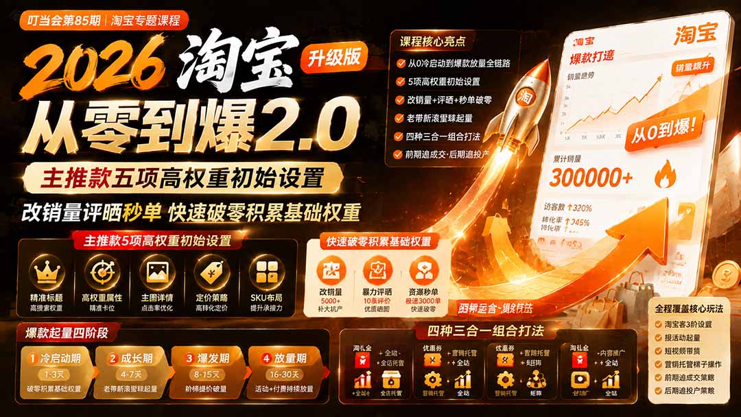（19742期）2026淘宝从零到爆2.0第85期；主推款五项高权重初始设置，改销量评晒秒单快速破零积累基础权重-千寻创业网